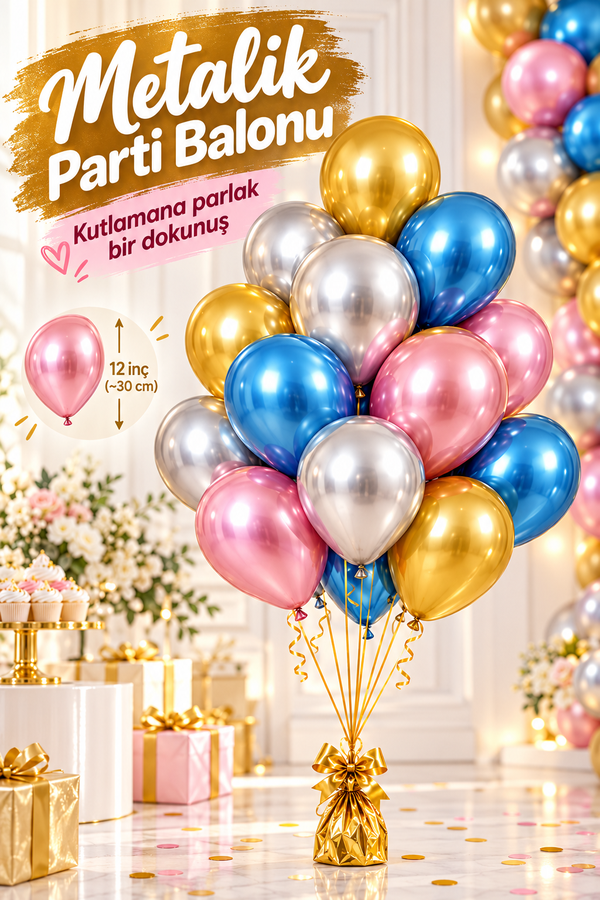 Mucit Home Karışık 12’li Metalik Balon Seti – 12 İnç Parlak Krom Balon, Doğum Günü ve Parti Süsleme – Mavi, Pembe, Gold, Gümüş
