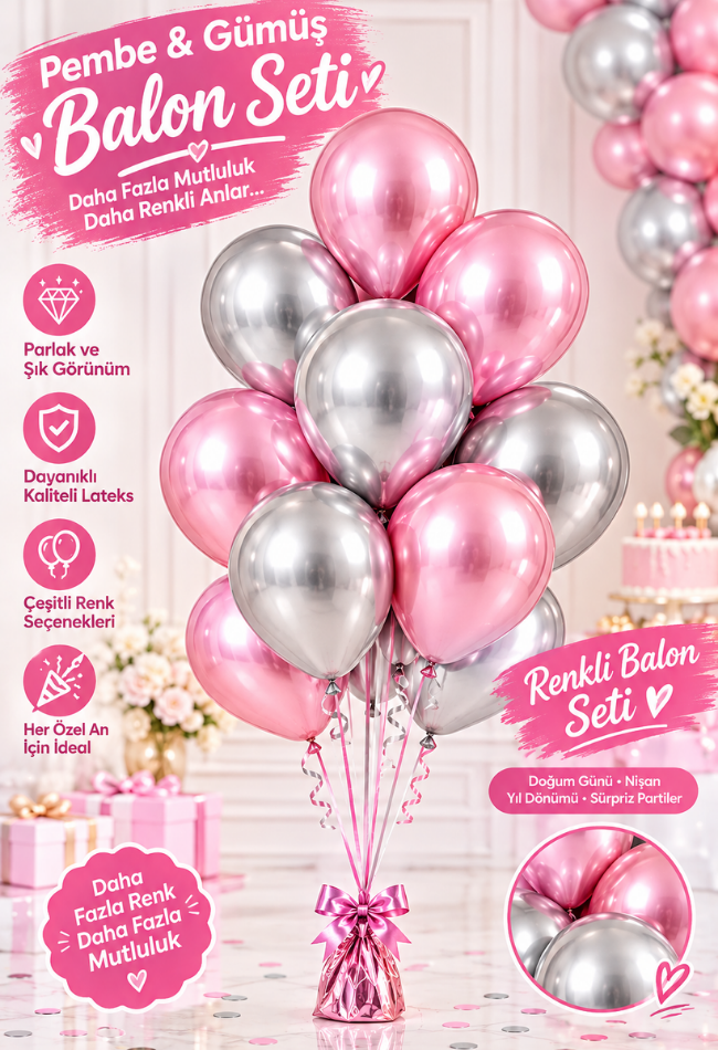 Mucit Home 10 Adet Pembe Gümüş  Balon Seti – 12 inç | Parlak ve Göz Alıcı Parti Balonları