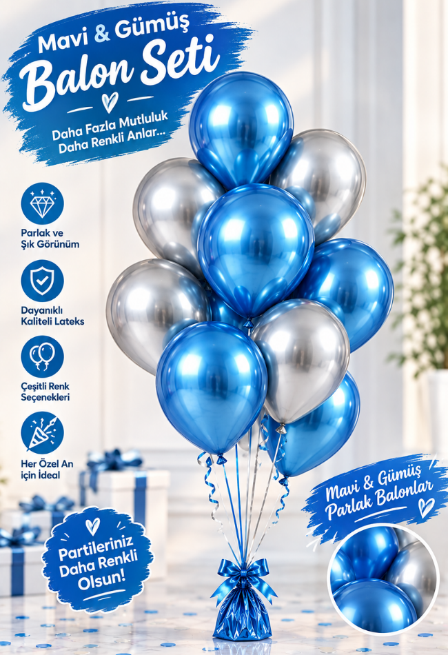 Mucit Home 10 Adet Mavi Gümüş Balon Seti – 12 inç | Parlak ve Göz Alıcı Parti Balonları