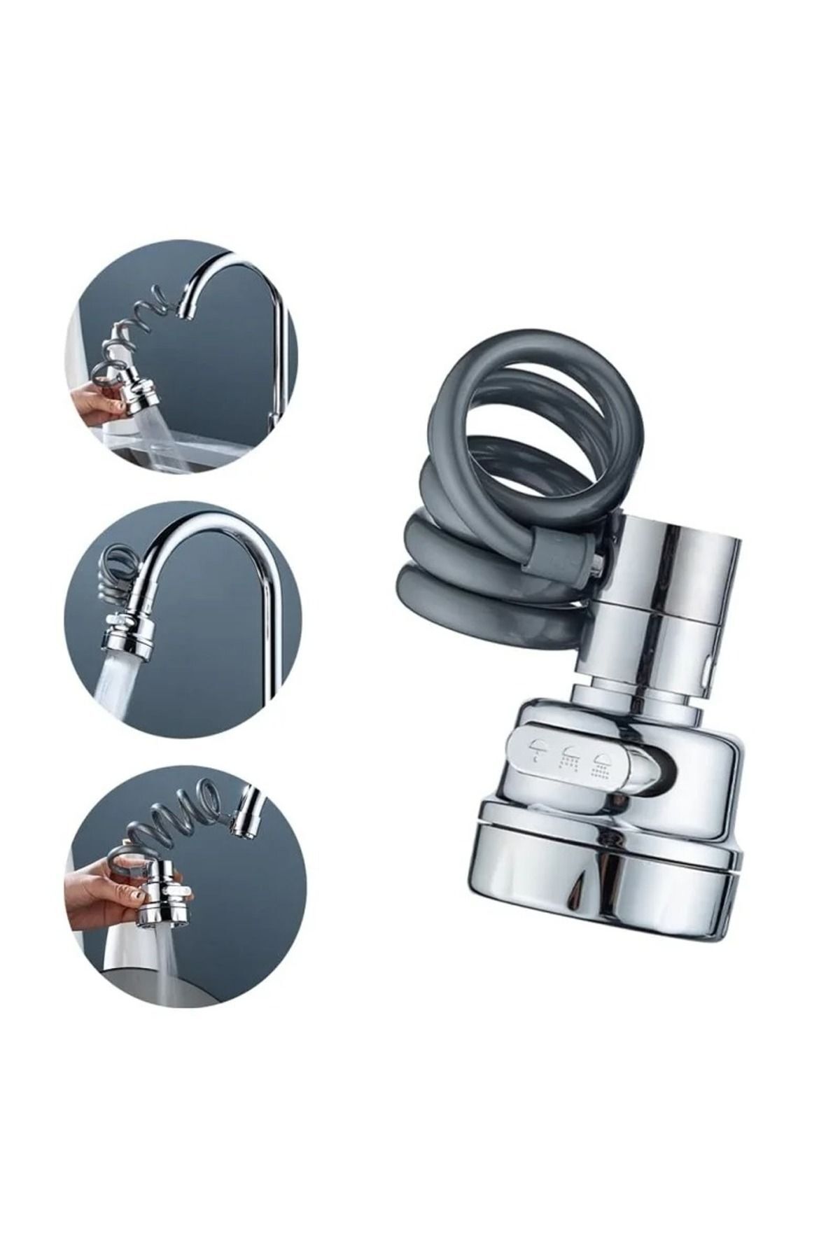 Hortumlu Krom 3 Fonksiyonlu Mutfak Lavabo Başlığı Uzayabilen 360 Derece Döner Musluk Ucu Tasarruflu