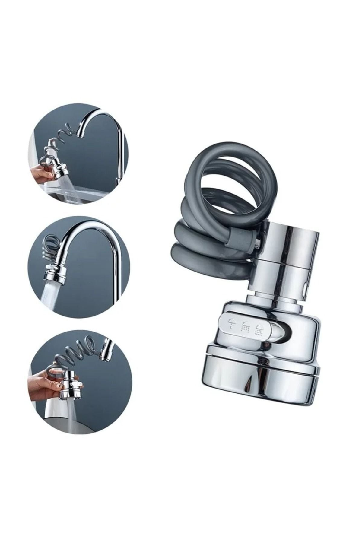 Hortumlu Krom 3 Fonksiyonlu Mutfak Lavabo Başlığı Uzayabilen 360 Derece Döner Musluk Ucu Tasarruflu