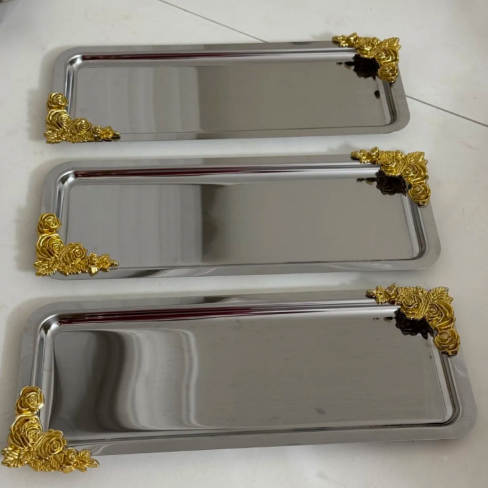 Mucit Home  ÇELİK 3 ADET GOLD AKSESUARLI DİKDÖRTGEN MODEL SERVİS VE SUNUM TEPSİSİ