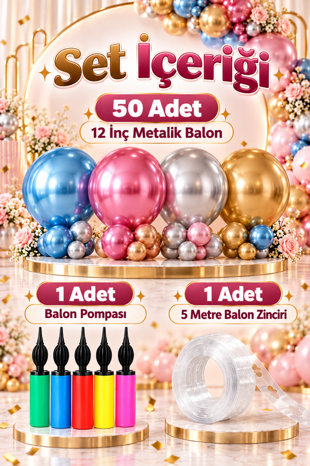 Mucit Home 50 Adet 12 İnç Metalik Balon Seti – Balon Pompası ve Balon Zinciri – Doğum Günü, Baby Shower, Düğün Nişan ve Kına  Parti Süsleri