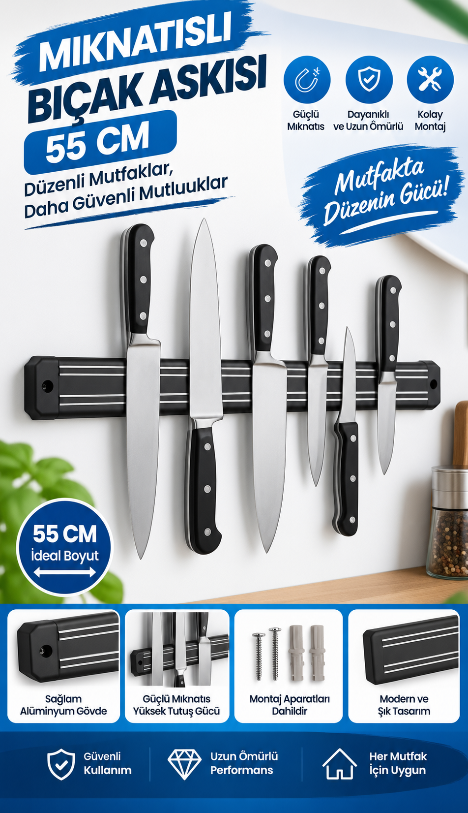 Mucit Home Mıknatıslı 55 Cm Bıçak Askısı Bıçak Tutucu Bıçak Organizer Bıçaklık