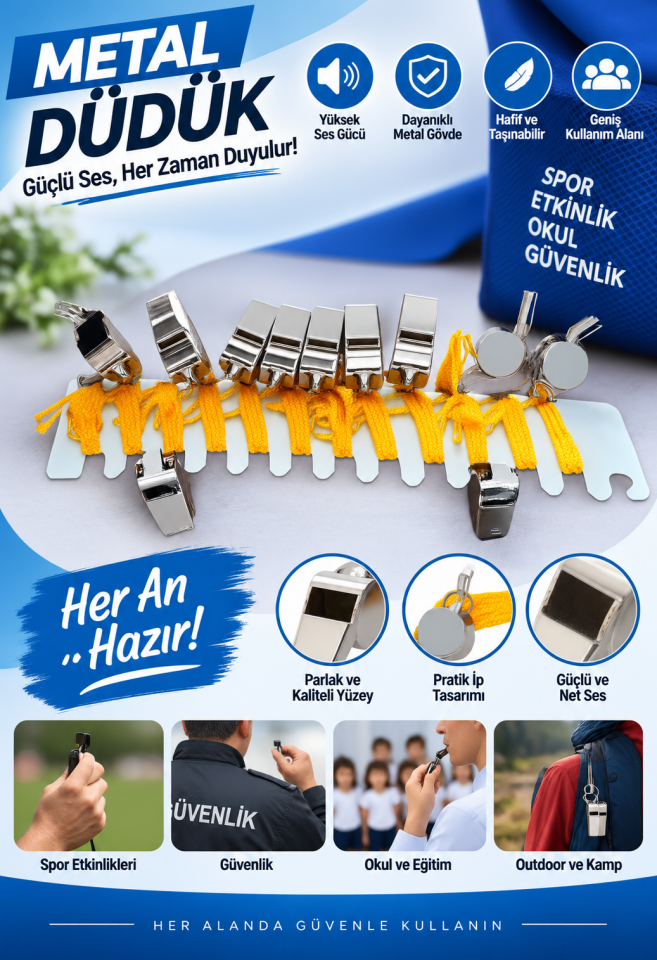 Mucit Home 12 Adet Metal İpli Yüksek Sesli SOS Düdük Kamp İzci Düdüğü