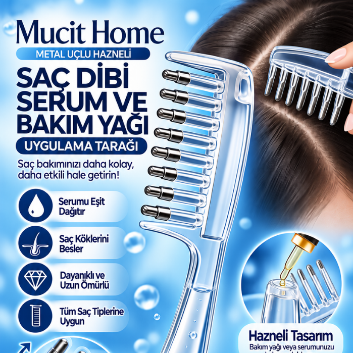 Mucit Home Serum Uygulama Tarağı Metal Uçlu Hazneli Saç Dibi Serum Tarağı Şeffaf Pembe