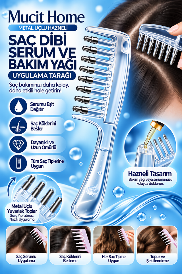 Mucit Home Serum Uygulama Tarağı Metal Uçlu Hazneli Saç Dibi Serum Tarağı Şeffaf Pembe