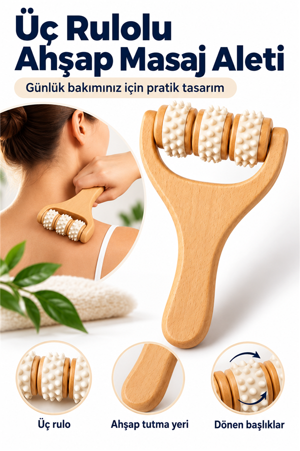 Mucit Home Manuel Ahşap Masaj Aleti 3 Top Rulolu Kas Rahatlatıcı Masaj Aparatı