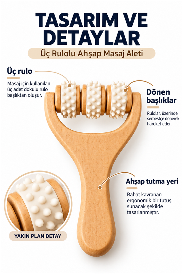 Mucit Home Manuel Ahşap Masaj Aleti 3 Top Rulolu Kas Rahatlatıcı Masaj Aparatı