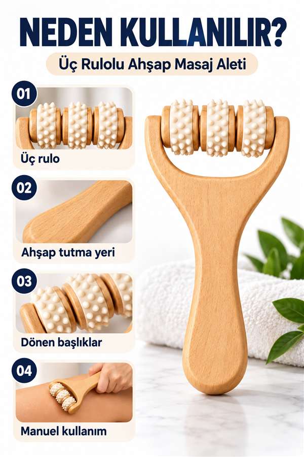 Mucit Home Manuel Ahşap Masaj Aleti 3 Top Rulolu Kas Rahatlatıcı Masaj Aparatı