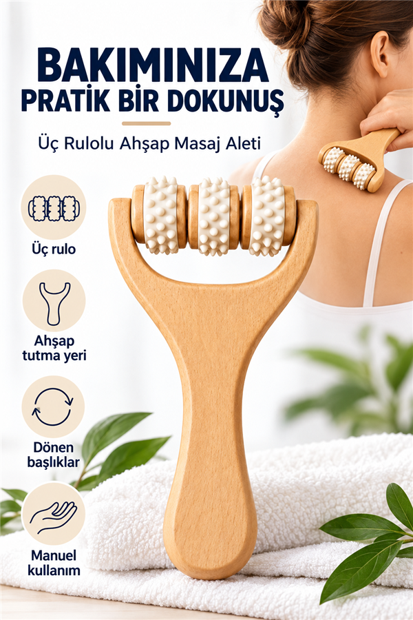 Mucit Home Manuel Ahşap Masaj Aleti 3 Top Rulolu Kas Rahatlatıcı Masaj Aparatı