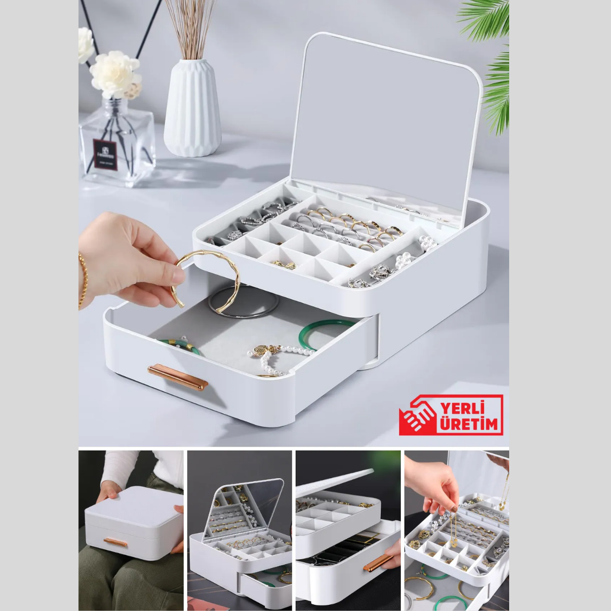 Mucit Home   Çekmeceli Aynalı Çok Bölmeli Makyaj Takı Organizer Krem