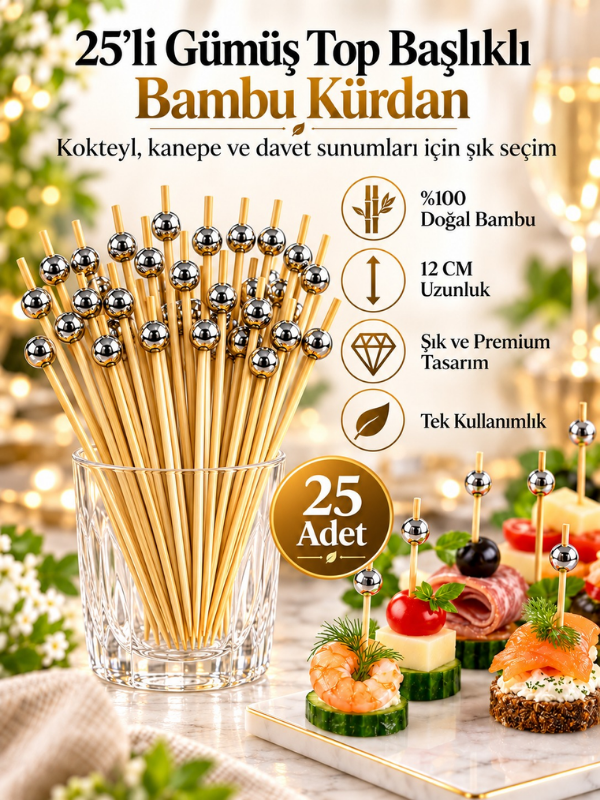 Mucit Home GÜMÜŞ Taşlı Toplu Kanepe Kürdanı 25 Adet Kokteyl ve Parti Sunum Kürdanı