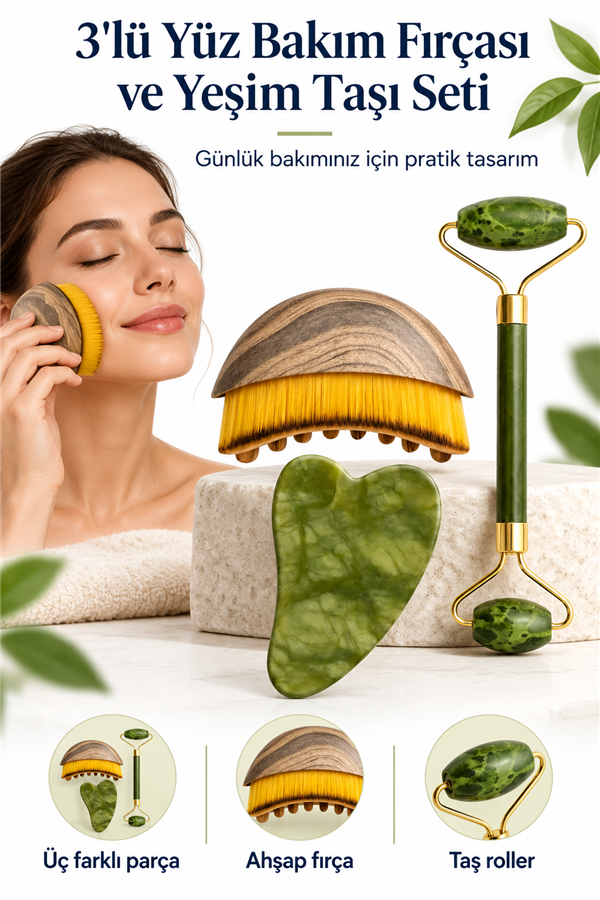 Mucit Home 3 Lü Lenf Drenaj Kuru Fırça ve Yeşim Taşı Roller 3 Lü Set Yüz, Boyun, Göz ve Vücut Masaj Aleti