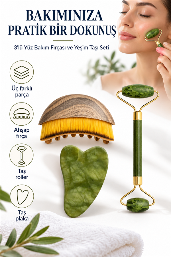 Mucit Home 3 Lü Lenf Drenaj Kuru Fırça ve Yeşim Taşı Roller 3 Lü Set Yüz, Boyun, Göz ve Vücut Masaj Aleti