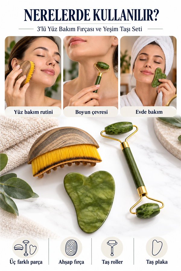 Mucit Home 3 Lü Lenf Drenaj Kuru Fırça ve Yeşim Taşı Roller 3 Lü Set Yüz, Boyun, Göz ve Vücut Masaj Aleti