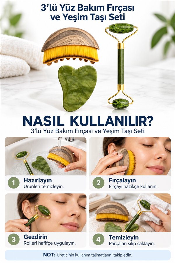 Mucit Home 3 Lü Lenf Drenaj Kuru Fırça ve Yeşim Taşı Roller 3 Lü Set Yüz, Boyun, Göz ve Vücut Masaj Aleti