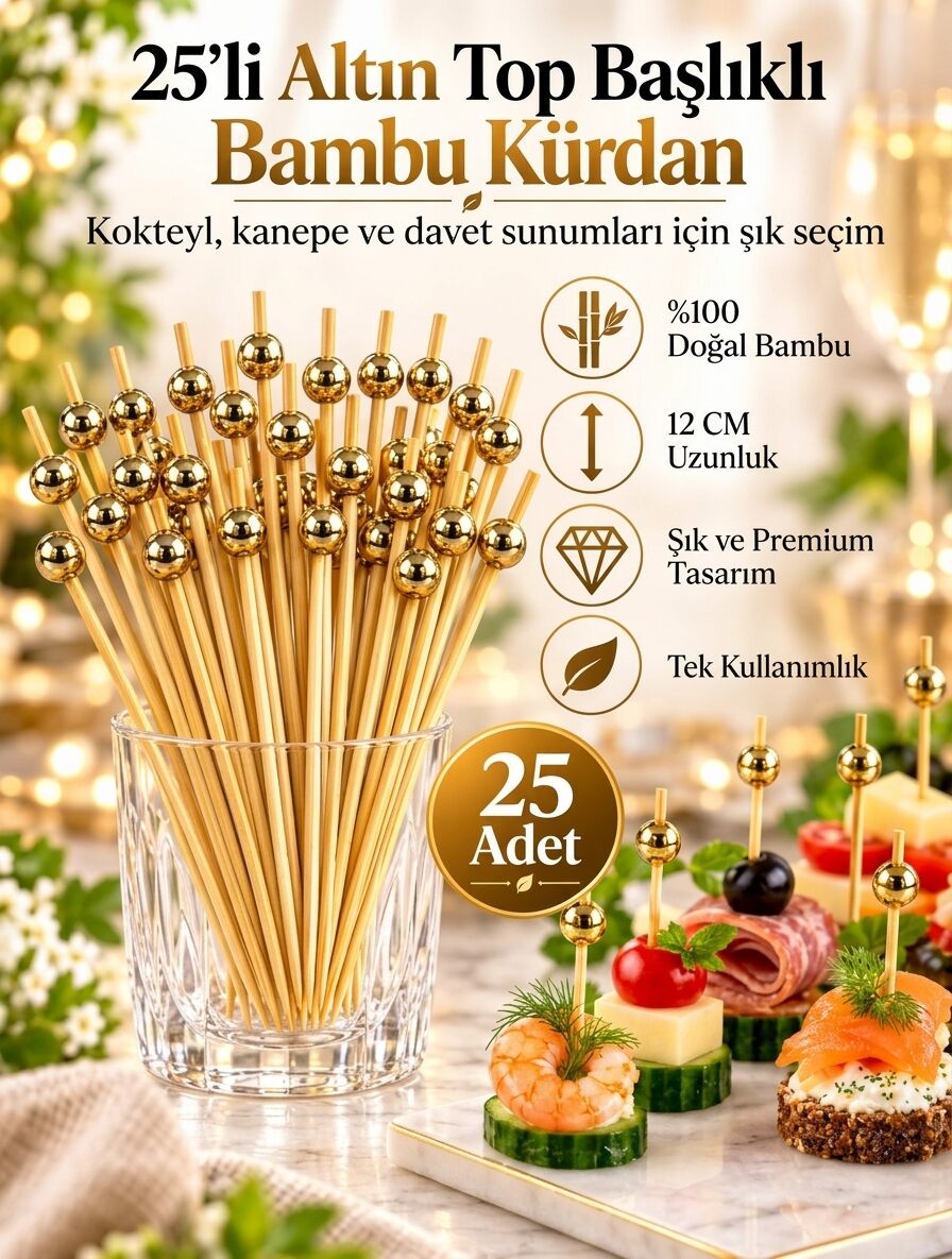 Mucit Home GOLD Taşlı Toplu Kanepe Kürdanı 25 Adet Kokteyl ve Parti Sunum Kürdanı