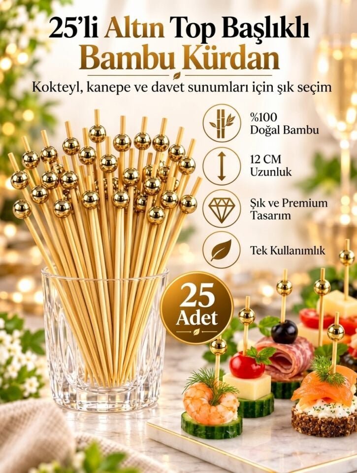 Mucit Home GOLD Taşlı Toplu Kanepe Kürdanı 25 Adet Kokteyl ve Parti Sunum Kürdanı