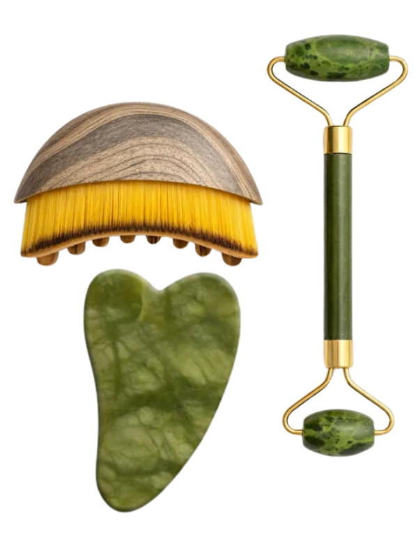 Mucit Home Lenf Drenaj Kuru Fırça ve Yeşim Taşı Roller 3 Lü Set Yüz, Boyun, Göz ve Vücut Masaj Aleti