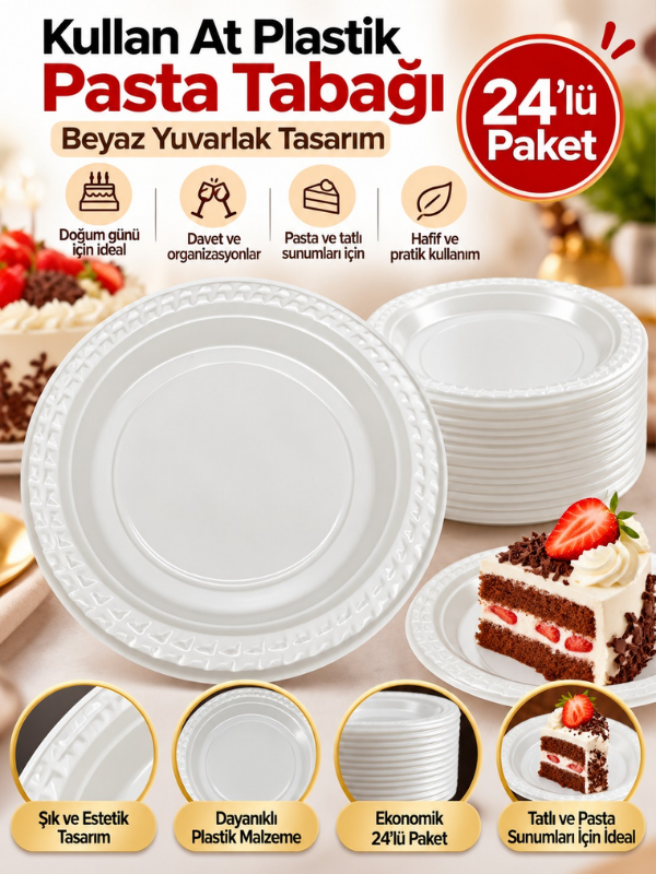 Mucit Home Beyaz Plastik Pasta Tabağı 24’lü Doğum Günü Davet Sunum Tabağı 19 cm