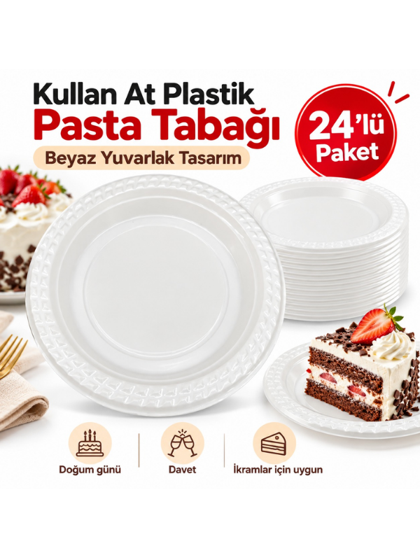 Mucit Home Beyaz Plastik Pasta Tabağı 24’lü Doğum Günü Davet Sunum Tabağı 19 cm