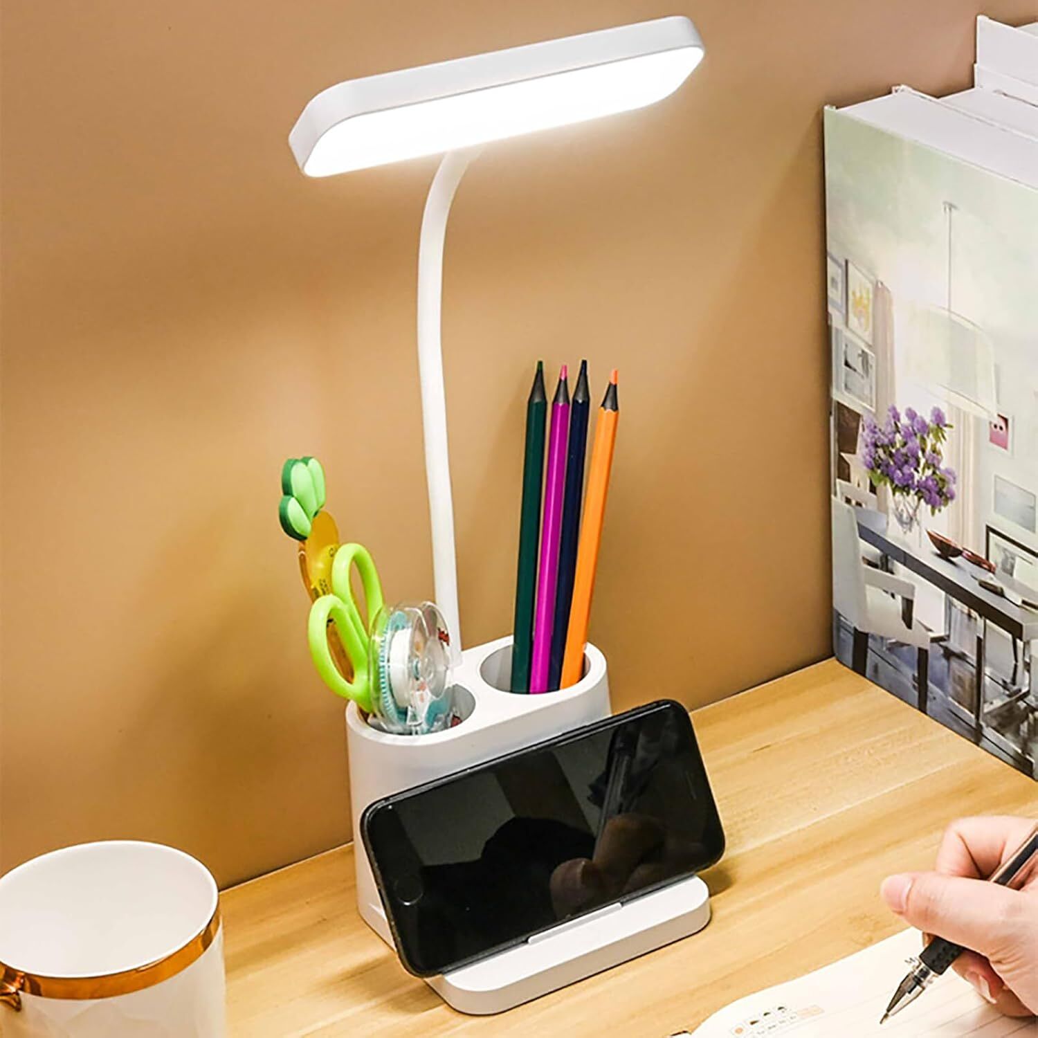 Mucit Home Şarjlı Masa Lambası Telefon Standlı Kademeli Ders Çalışma Okuma Işığı Gece Lambası