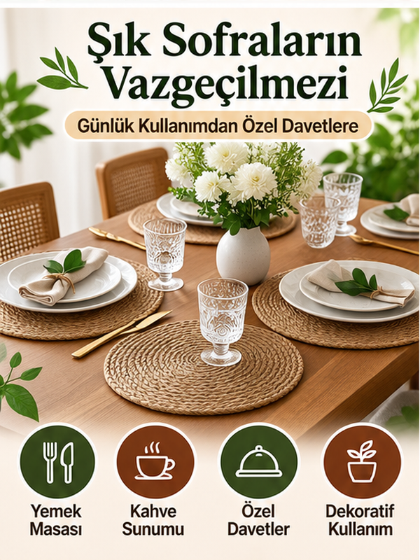 Mucit Home Yuvarlak Hasır İp Supla Amerikan Servis Tabak Altlığı Doğal Görünümlü Dekoratif Sofra Sunum Matı