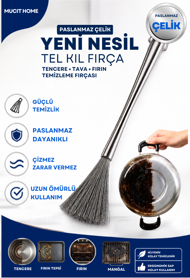 Mucit Home Paslanmaz Çelik Yeni Nesil Tel Kıl Tencere Tava  Fırın Temizleme Bulaşık Fırçası
