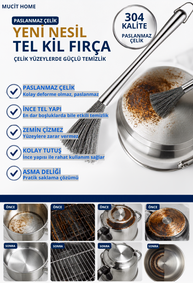 Mucit Home Paslanmaz Çelik Yeni Nesil Tel Kıl Tencere Tava  Fırın Temizleme Bulaşık Fırçası