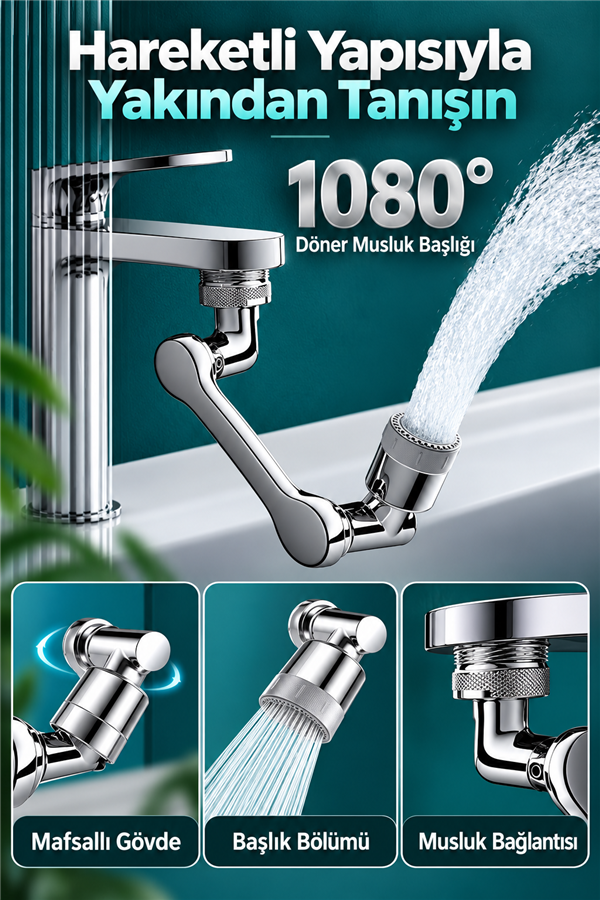 Mucit Home   1080 Derece Dönebilen 2 Modlu Mutfak Musluk Başlığı Banyo Musluk Ucu Evrensel Fonksiyonlu Başlık