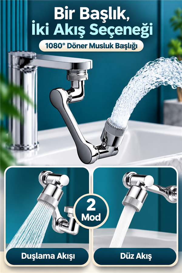 Mucit Home   1080 Derece Dönebilen 2 Modlu Mutfak Musluk Başlığı Banyo Musluk Ucu Evrensel Fonksiyonlu Başlık