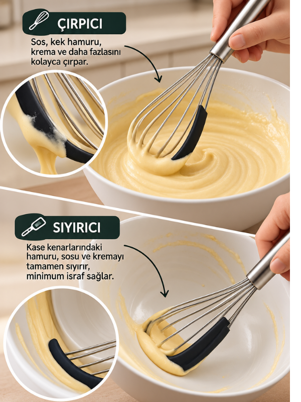 Mucit Home Silikon Sıyırmalı Kek Puding Çırpma Teli Paslanmaz Çelik Renkli