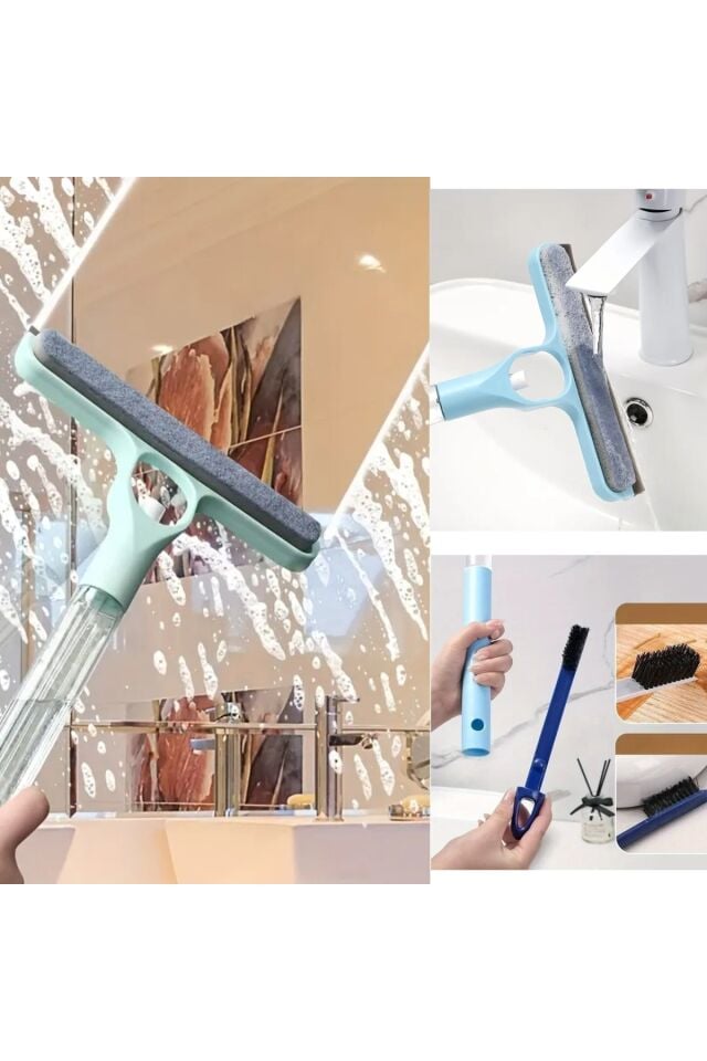 Mucit Home 4’ü 1 Arada Çift Taraflı Çok Amaçlı Cam Temizleme Kazıyıcı ve Silme Fırçası–Sprey Şişeli