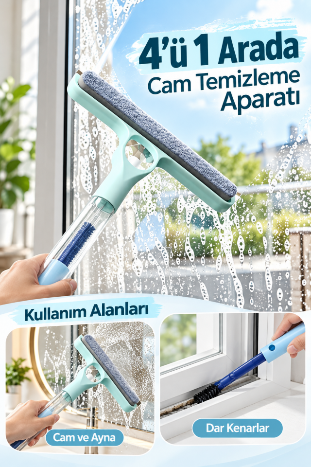 Mucit Home 4’ü 1 Arada Çift Taraflı Çok Amaçlı Cam Temizleme Kazıyıcı ve Silme Fırçası–Sprey Şişeli