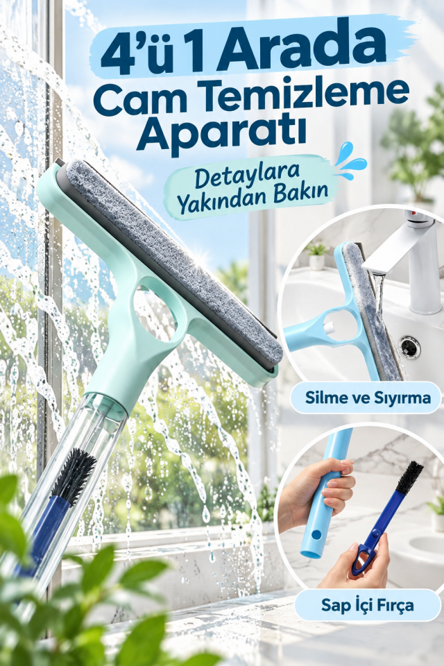 Mucit Home 4’ü 1 Arada Çift Taraflı Çok Amaçlı Cam Temizleme Kazıyıcı ve Silme Fırçası–Sprey Şişeli