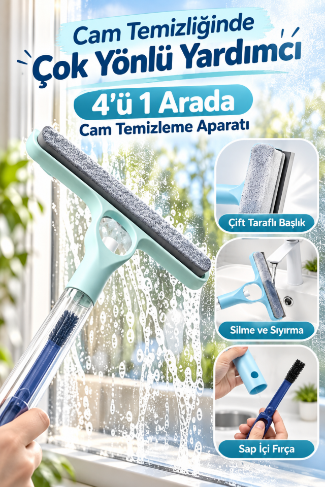 Mucit Home 4’ü 1 Arada Çift Taraflı Çok Amaçlı Cam Temizleme Kazıyıcı ve Silme Fırçası–Sprey Şişeli