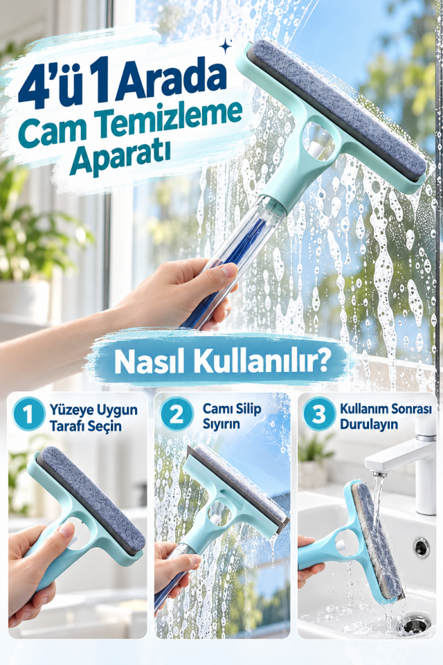 Mucit Home 4’ü 1 Arada Çift Taraflı Çok Amaçlı Cam Temizleme Kazıyıcı ve Silme Fırçası–Sprey Şişeli