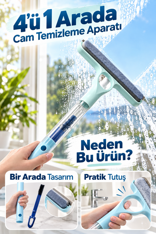 Mucit Home 4’ü 1 Arada Çift Taraflı Çok Amaçlı Cam Temizleme Kazıyıcı ve Silme Fırçası–Sprey Şişeli