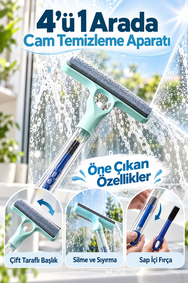 Mucit Home 4’ü 1 Arada Çift Taraflı Çok Amaçlı Cam Temizleme Kazıyıcı ve Silme Fırçası–Sprey Şişeli