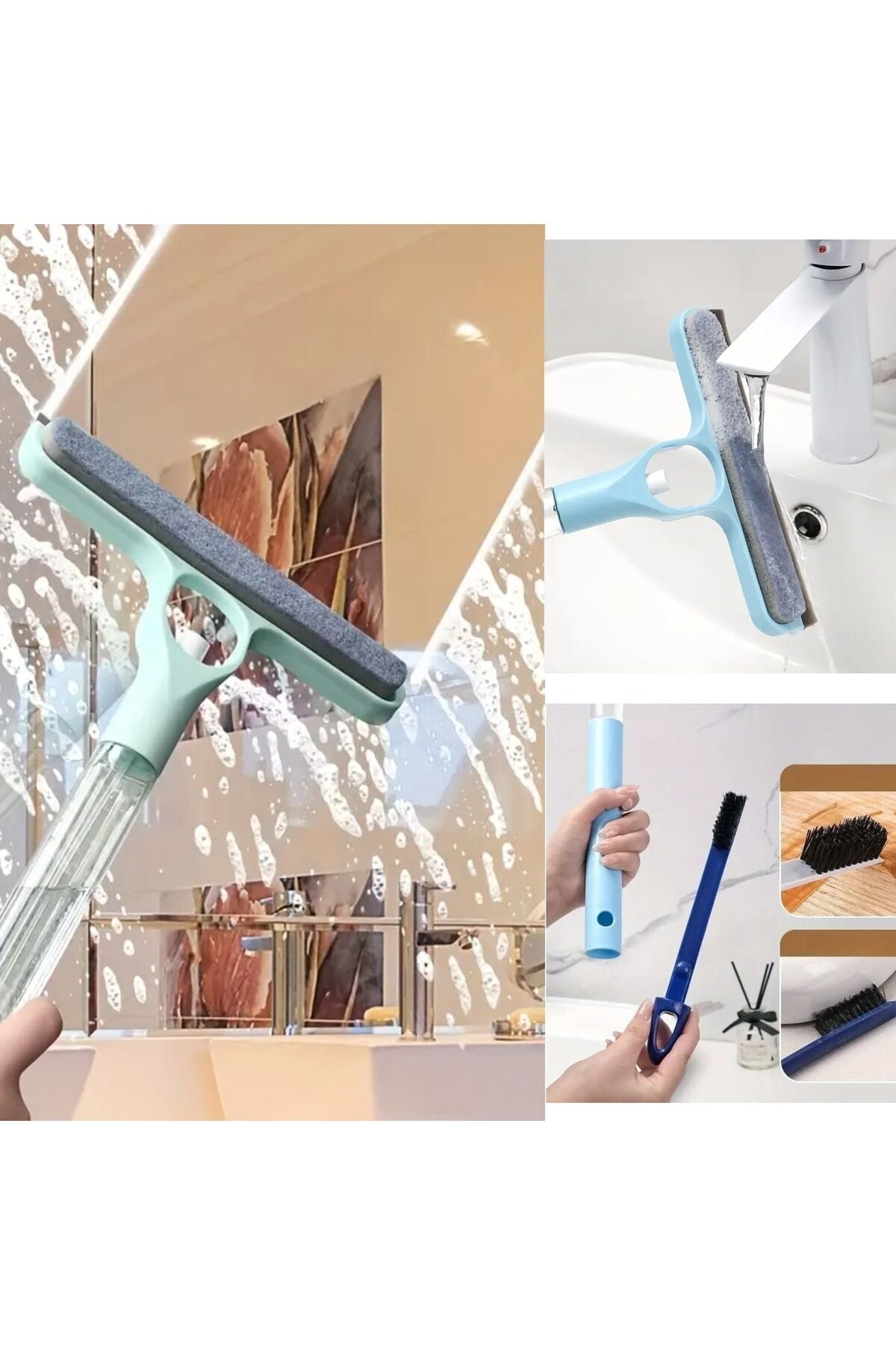 Mucit Home 4’ü 1 Arada Çift Taraflı Çok Amaçlı Cam Temizleme Kazıyıcı ve Silme Fırçası–Sprey Şişeli