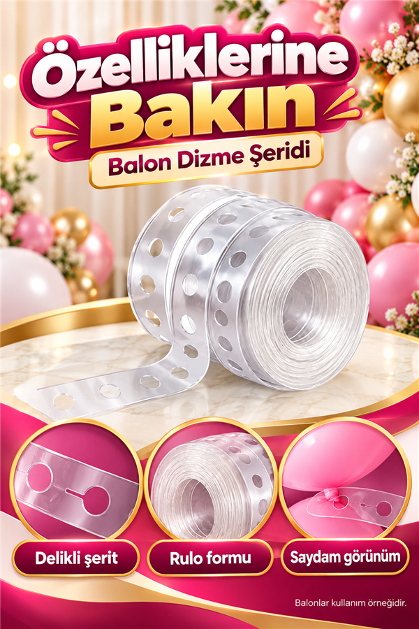 Mucit Home 2 Adet Balon Zinciri 5 Metre Balon Kemeri Yapma Şerit Aparatı, Doğum Günü, Nişan, Düğün ve Parti Süsleme