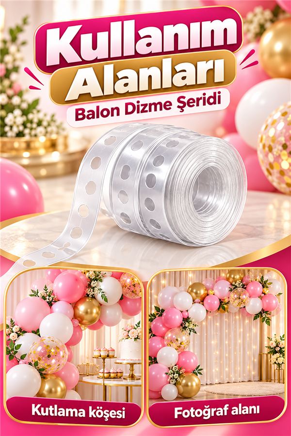 Mucit Home 2 Adet Balon Zinciri 5 Metre Balon Kemeri Yapma Şerit Aparatı, Doğum Günü, Nişan, Düğün ve Parti Süsleme