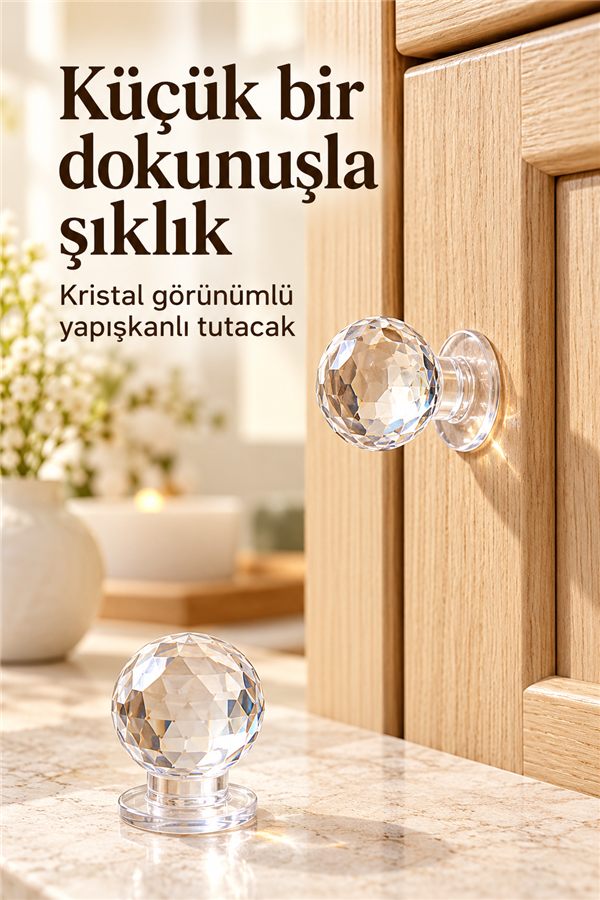 Mucit Home 4 Adet Çekmece Dolap Klozet Kapağı Şık Kristal Tasarım Çok Amaçlı Yapışkanlı Tutacak Buton
