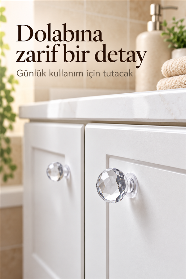 Mucit Home 4 Adet Çekmece Dolap Klozet Kapağı Şık Kristal Tasarım Çok Amaçlı Yapışkanlı Tutacak Buton