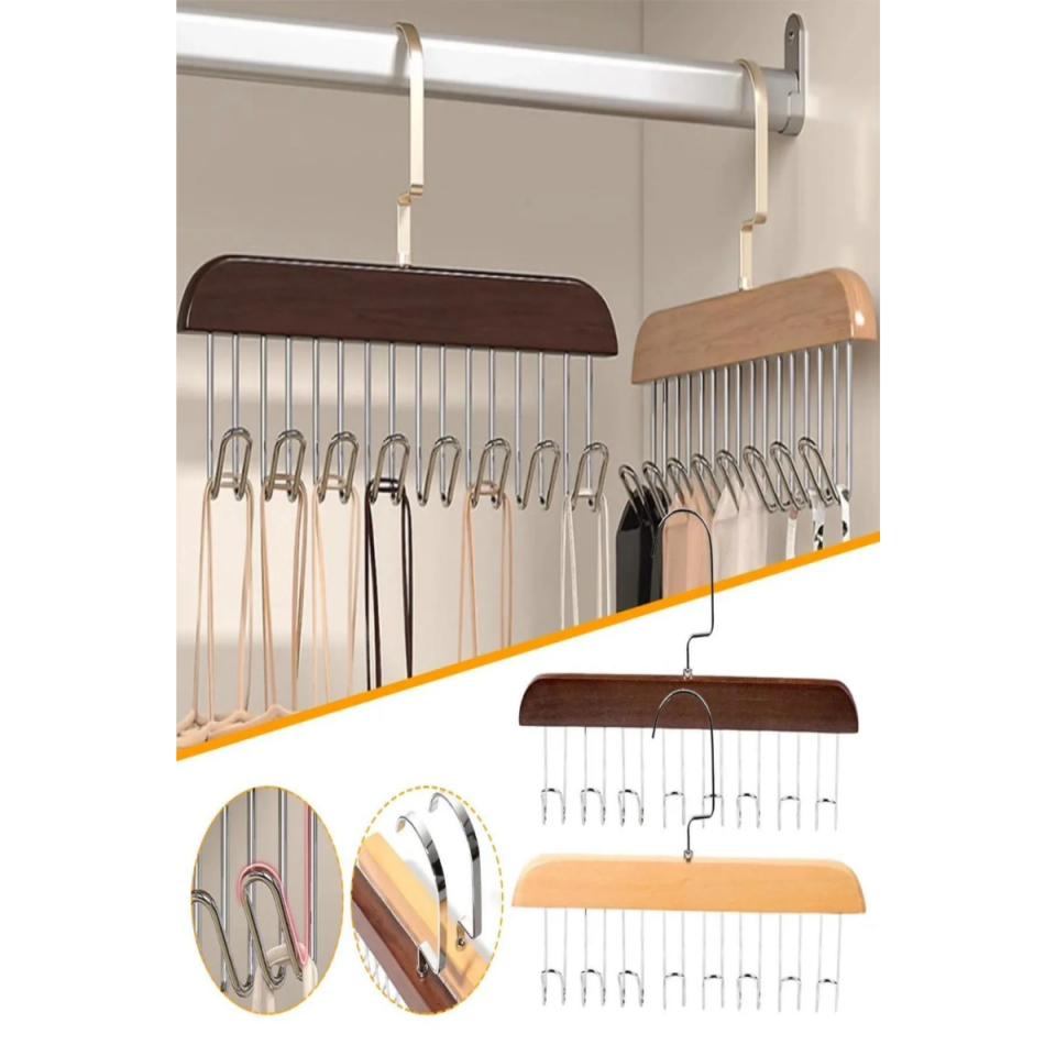 Mucit Home   8 Kancalı Askı Çok Fonksiyonlu Ahşap Kemer Kravat Eşarp Dolap Askısı