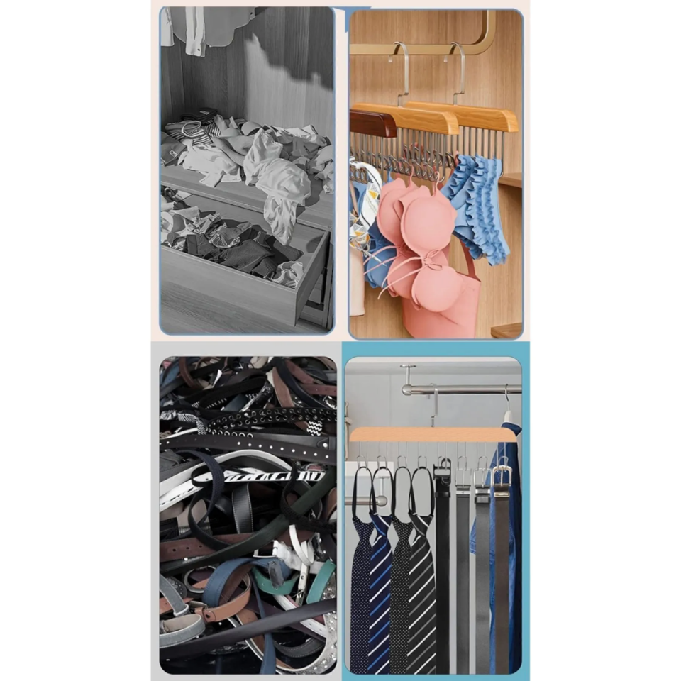 Mucit Home   8 Kancalı Askı Çok Fonksiyonlu Ahşap Kemer Kravat Eşarp Dolap Askısı