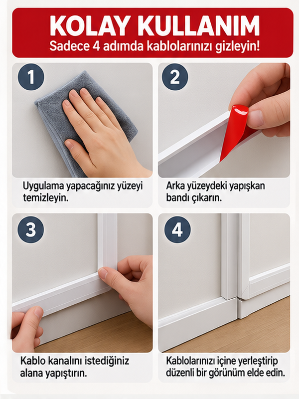 Mucit Home Kablo Kanalı 3 Metre - Yapışkanlı Kablo Gizleme Ve Kablo Düzenleyici Organizer