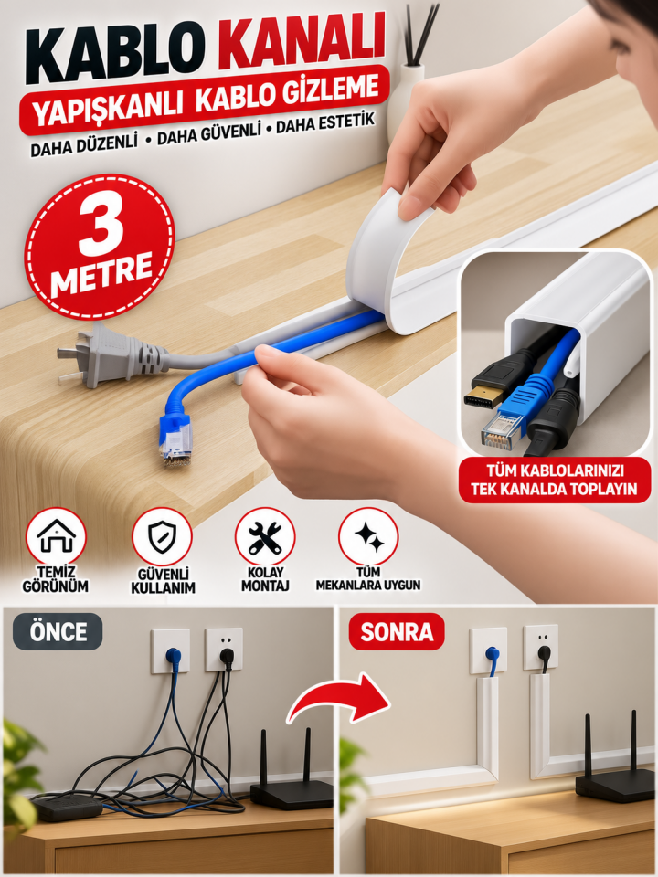 Mucit Home Kablo Kanalı 3 Metre - Yapışkanlı Kablo Gizleme Ve Kablo Düzenleyici Organizer