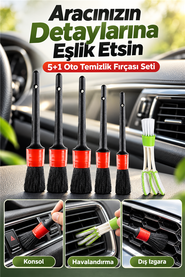 Mucit Home  5+1 Oto Temizlik Fırça Seti – Araç İçi Dışı Yıkama ve Klima Temizliği İçin